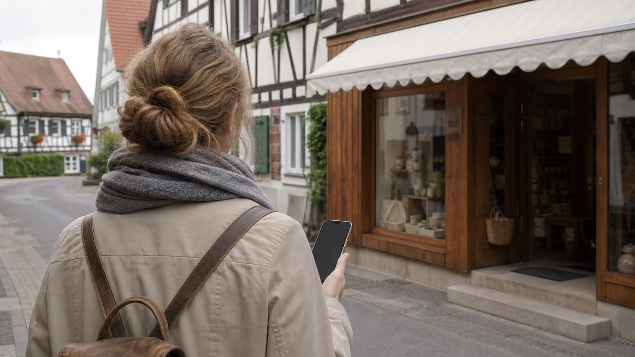 Person von hinten mit Smartphone in der Hand blickt auf ein kleines Geschäft mit Holzfassade in einer Kleinstadtstraße