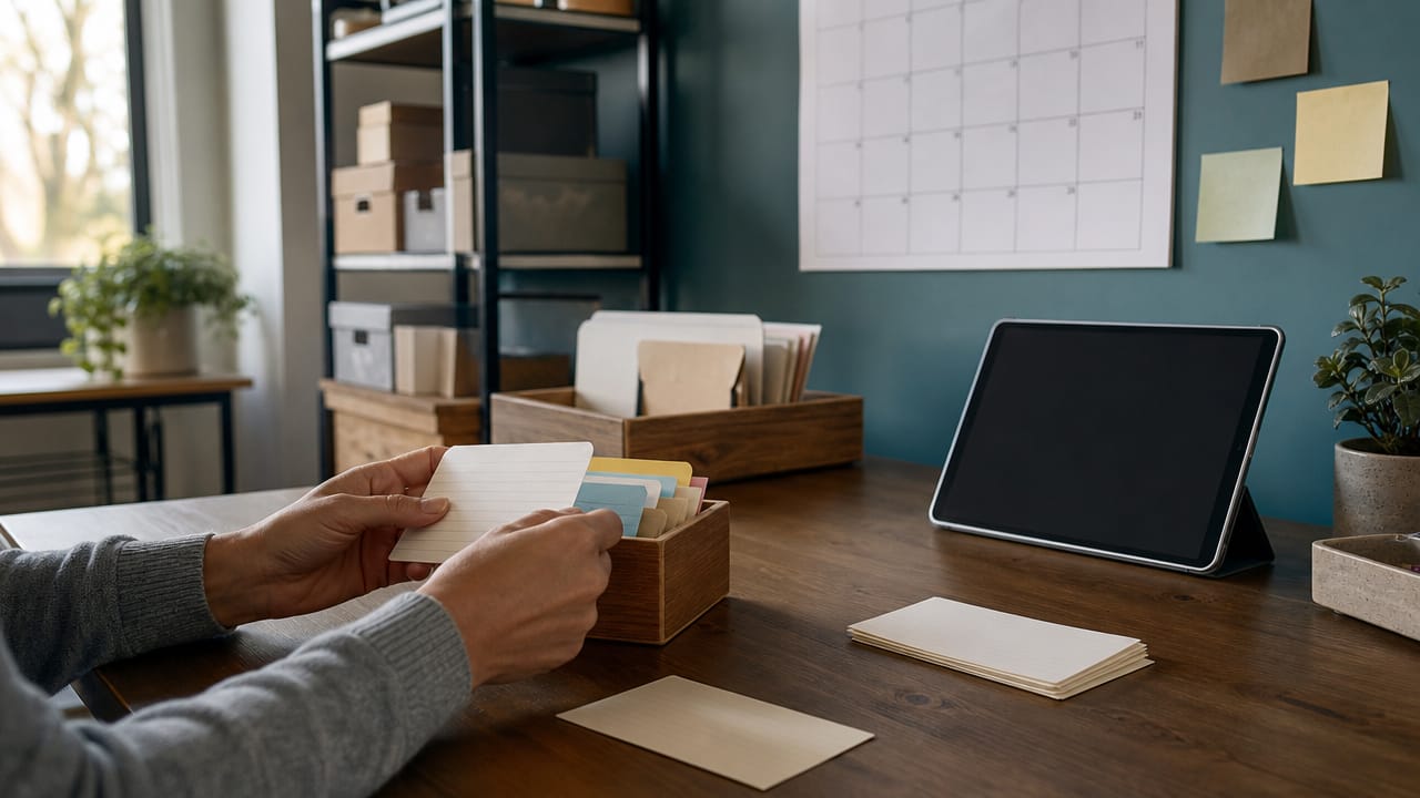 Kleines Büro am Morgen: Tablet mit dunklem Bildschirm, Wandkalender, Hände sortieren Karteikarten