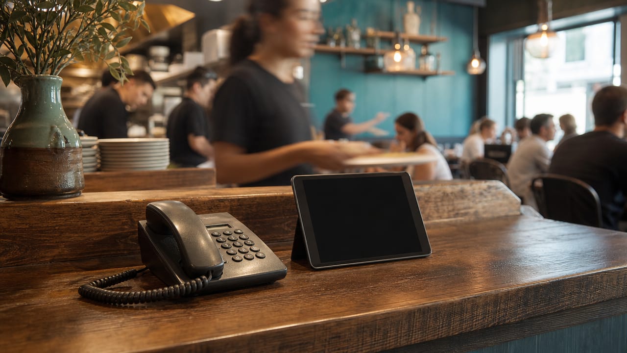 Telefon und Tablet auf dem Tresen eines Restaurants während des Mittagsgeschäfts, Personal im Hintergrund in Bewegung