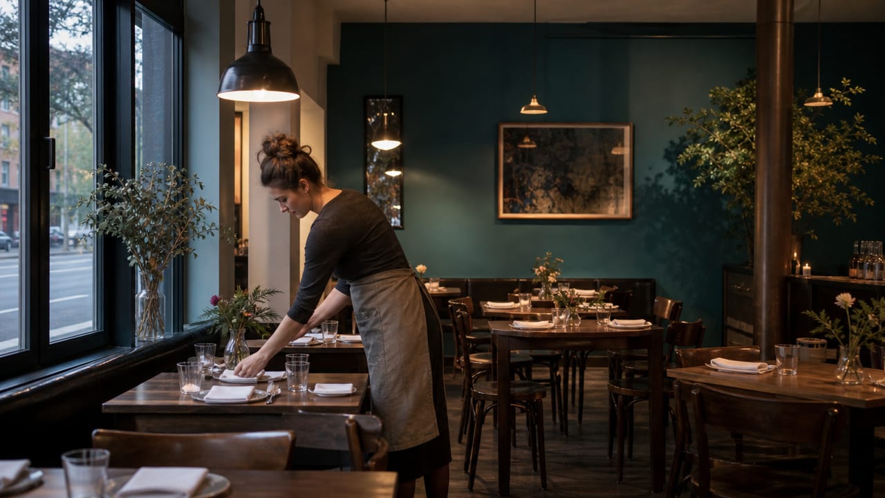 Restaurant am frühen Abend, eine Person deckt einen Tisch am Fenster ein, warme Pendelleuchten, dunkles Holz und petrolfarbene Wand