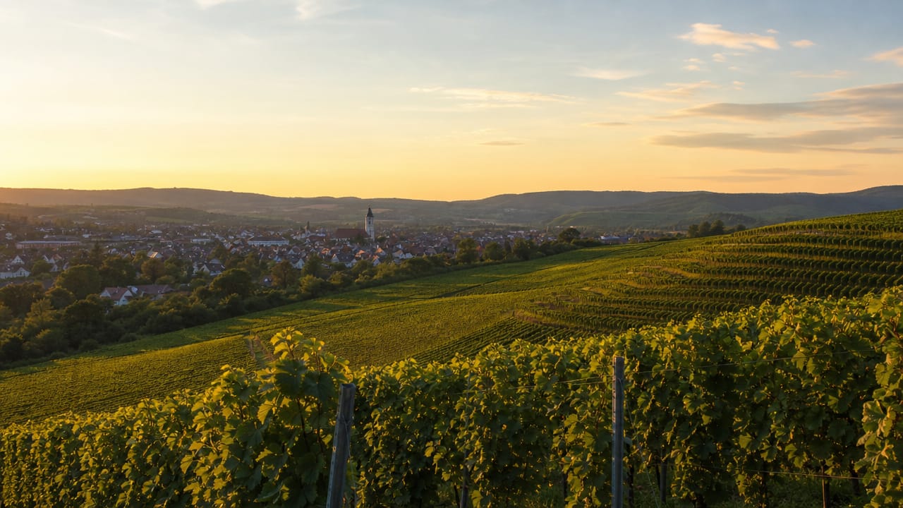 Weinberghänge im Remstal im Spätsommer, in der Ferne ein kleiner Ort mit Kirchturm