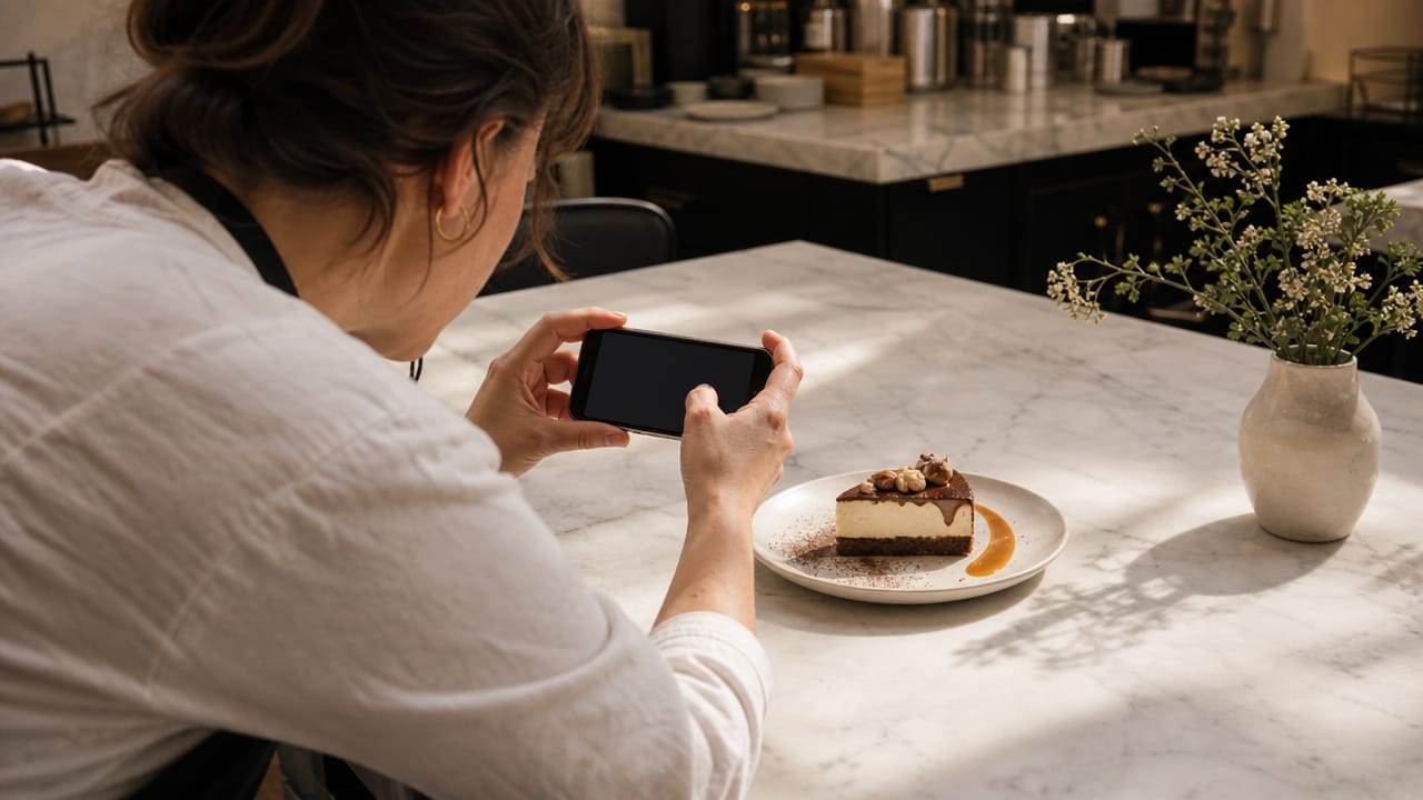 Café-Inhaberin fotografiert ein Dessert mit dem Smartphone, der Bildschirm zeigt nur die dunkle Kameraansicht